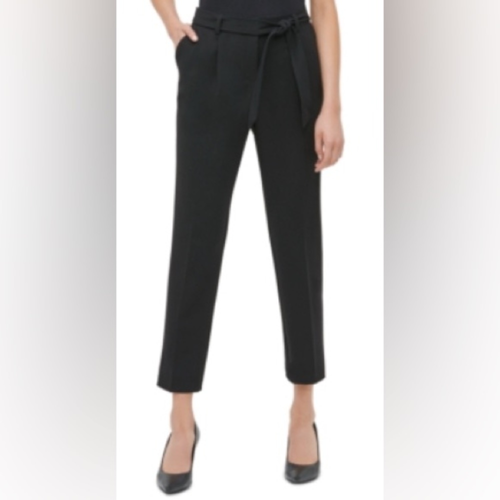 Calvin Klein Size 14 Black Pleated Cropped Straight Leg Dress Pants Tie Belt